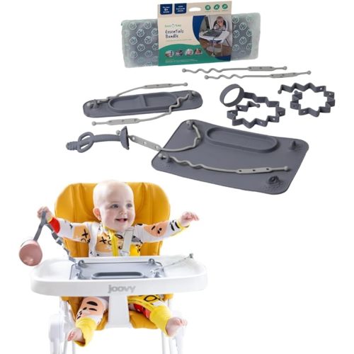 BUSY BABY Essentials Bundle New Parent Starter Kit - Suction Placemat, Mini Mat, Teether Spoon, Toy Bungee, Bottle Bungee, 6 Tether Straps, Wet Bag (Pewter)