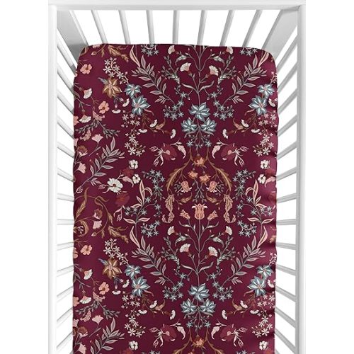 Sweet Jojo Designs Boho Wildflower Vintage Floral Girl Baby Fitted Crib Sheet Infant Newborn Nursery Toddler Bed Room Standard Mattress Burgundy Red Orange Botanical Garden Flower Bohemian Farmhouse