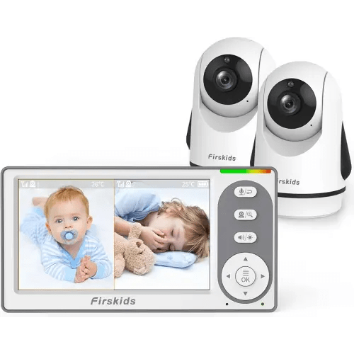 Split-Screen Baby Monitor with 2 Cameras No WiFi, 30H Battery, Pan-Tilt-Zoom, Monitor para bebés with Night Vision, 2-Way Audio, Room Temp Sensor, Lullaby, Plug & Play - Ideal for Travel