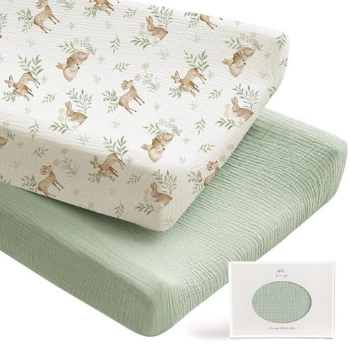Konssy 2 Pack Muslin Changing Pad Covers for Boys, Ultra Soft & Breathable Cotton Baby Diaper Changing Table Covers, Neutral Nursery Diaper Changing Pad Sheets (Fog Green,Cream)
