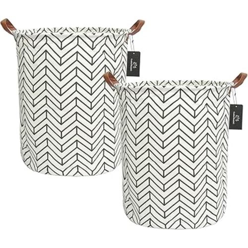 Collapsible Laundry Basket - GodenMoninG 2X 62.8L Large Sized Round Waterproof Storage Bin with Leather Handles,Home Decor,Toy Organizer,Children Nursery Hamper.(2 PACKS,THICK Flow Mark X2)