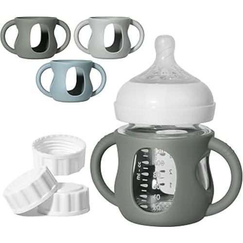 3 Pack Silicone Sleeves for Philips Avent Natural Glass Bottle Food Grade Anti Breakage Baby Bottle Holder with Handles and 3pcs Travel Bottle Caps (Dark Blue+Dark Green+Grey, 4oz)