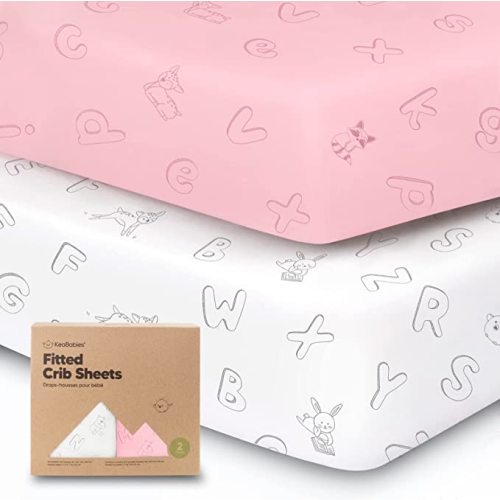2-Pack Organic Crib Sheets for Boys, Girls - Jersey Fitted Crib Sheet, Baby Crib Sheets Neutral, Crib Mattress Sheet, Cotton Crib Sheets, Soft Baby Sheets for Crib, Unisex Crib (ABC Land Rose)