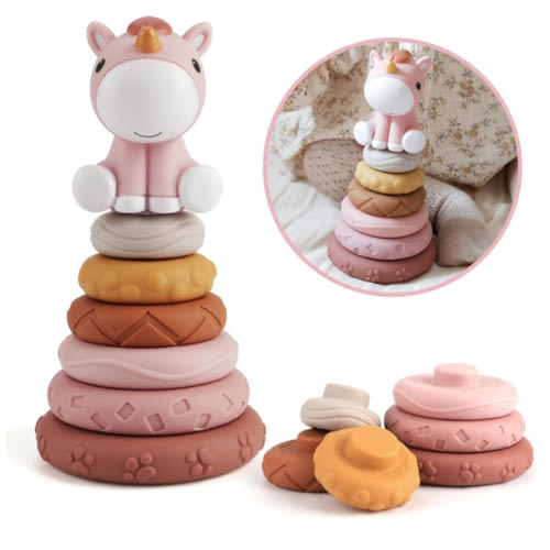 Nueplay 7 Pcs Stacking & Nesting Baby Toys, Squeeze Teething Baby Toys and Building Circle with Pink Horse Figure, Newborn Essentials for 6 12 18 Months Baby Toddler Girls