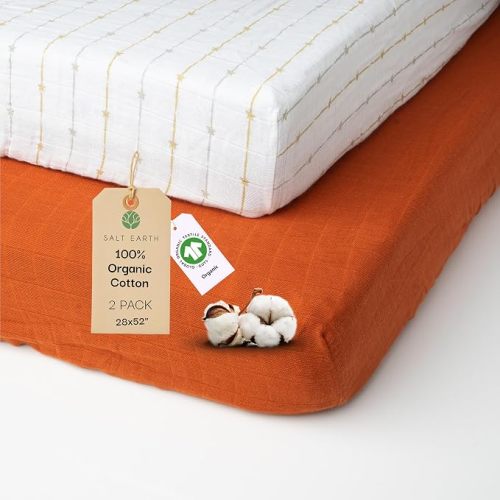 Salt Earth 100% Organic Cotton Muslin Standard Fitted Crib Sheet for Boys, Girls & Toddlers – 52"x28", 2 Pack Soft Breathable Natural Cotton Mattress Bed Sheets, Neutral Crib Sheet (Green & Star)