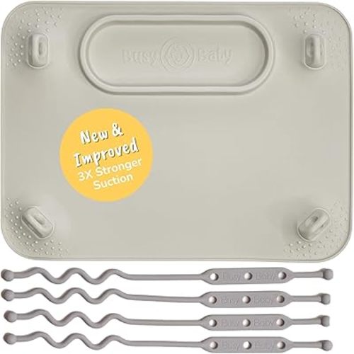 BUSY BABY Silicone Mat - New and Improved Suction Cups, 4 Straps to Secure Baby Essentials, Self Feeding, Baby Led Weaning, Travel Sleeve Included (Tan)