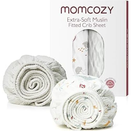 Momcozy Muslin Fitted Mini Crib Sheets, 38''x26'', 2 Pack Soft Breathable Natural Cotton Baby Mattress Sheet, 360° Mattress Wrapping No Slip Boys Girls Neutral Toddler Bed Sheet, Sea World Fantasy