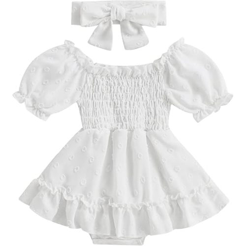 Infant Baby Girls Romper Dress 3 6 9 12 18 Months Onesie Short Sleeve Ruched Jumpsuits Skirts Hem Bodysuits Headband