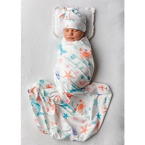 Vollmic Newborn Baby Girl Receiving Blanket Swaddle Blanket Stretchy Knit Swaddle Set with Matching Headband (Pink)