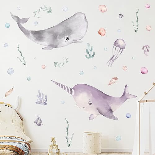Big Fish Wall Stickers Dreamy Whale Wall Decals for Nursery Wall Decor Fairy Room Wall Stickers Peel and Stick Kids Decals for Girls Bedroom Living Room Wall Decor