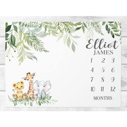 Safari Milestone Blanket Boy, Personalized Baby Boy Blanket, Safari Animal baby Blanket,  Custom Blanket, Baby Gift, Baby Shower Gift SM114