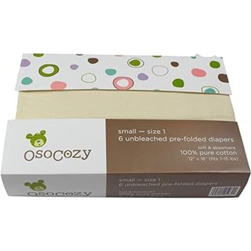 OsoCozy Prefolds Unbleached Cloth Baby Diapers, Size 1 (7-15 lbs), 6 Pack, Soft, Absorbent and Durable 100% Natural Cotton