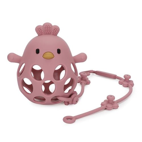 Socub Silicone Teething Toy for Babies 0-6, 12, 18 Months Infants, Never Drop Hand Baby Teether Toy with Baby Toy Strap, Baby Sensory Chew Toy for Baby Boys & Girls, BPA Free(Dark Pink)