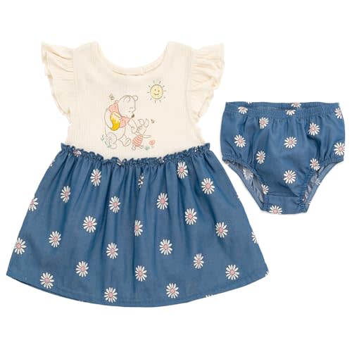 Disney Winnie The Pooh Floral Baby Girls Chambray Dress and Diaper Cover Outfit Set Newborn to Infant