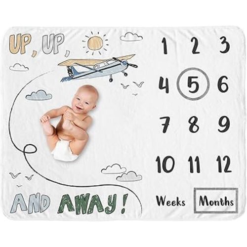 Sweet Jojo Designs Vintage Airplane Boy Baby Milestone Blanket Newborn Monthly First Year Photo Growth Chart Infant Memory Gift Set Grey Green Blue White Yellow Airplanes Plane Transportation Clouds