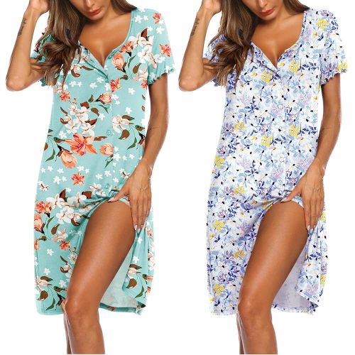 Ekouaer 2 Pack Nightgowns for Women Button Down Night Shirts Short Sleeve Sleep Shirts V Neck Sleepwear Pajama Dress