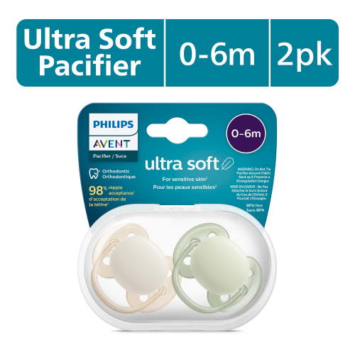 Philips Avent Ultra Soft Pacifier 0-6M, Sand / Pastel Warm Green, 2 Pack SCF091/05