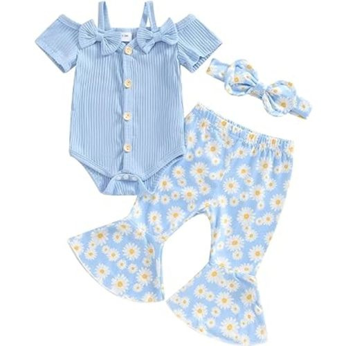 Newborn Baby Girl Clothes Mamas Girl Romper Top Floral Bell-Bottoms Pants+Headband Infant Cute Summer Outfits