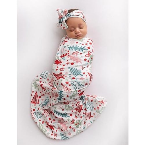 Newborn Baby Girl Receiving Blanket Swaddle Blanket Stretchy Knit Swaddle Set with Matching Headband and Beanie (Red Cartoon Christmas)