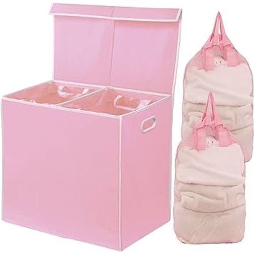 Simple Houseware Double Laundry Hamper with Lid and Removable Bags, Pink