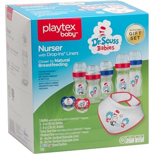 Playtex Baby Dr. Seuss Baby Bottles Gift Set – Newborn Baby Essentials with Binky Pacifiers, Nurser Bottles, Drop-Ins Liners & Bib