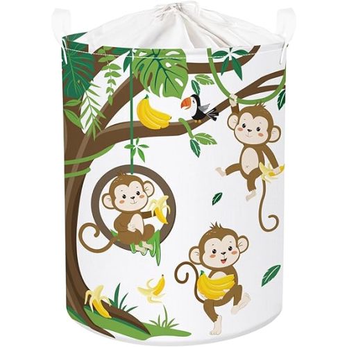 Woodland Animals Baby Laundry Hamper Collapsible Clothes Kids Storage Basket Large Boys Girls Gift Toy Box Bin for Nursery Room, Monkeys, 63L