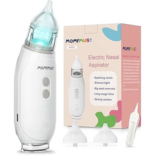 Nasal Aspirator for Baby, MOMYMUST Electric Baby Nose Cleaner with Self-Cleaning Function, Baby Nasal Aspirator with 3 Levels of Suction, Music and Light, 2 Nose-Tips, 60 Days Use Time