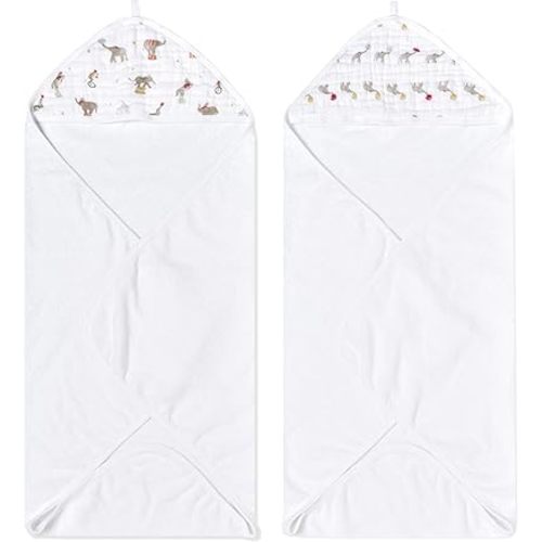 aden + anais Essentials Hooded Baby Bath Towel, Super Soft 100% Cotton, 2 Pack, Elephant Circus