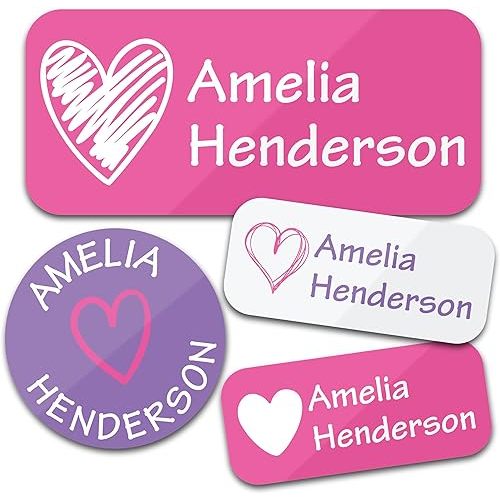 Personalized Daycare Name Labels for Kids (130 Labels) - Custom Waterproof Name Stickers for Clothing Tags, Water Bottles, Lunch Boxes and School Supplies (Hearts)
