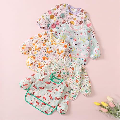 5 Pack Long Sleeve Bib,Baby Toddler Waterproof Sleeved Bib for 6-30 Months Reusable with Catch-all Pocket