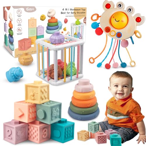 Plunack 4-in-1 Baby Toys for 6-12 Months, Montessori Soft Stacking Blocks for Babies, Infants Teething Toys, Sensory Balls and Educational Learning Set for and Toddlers (Boys & Girls)