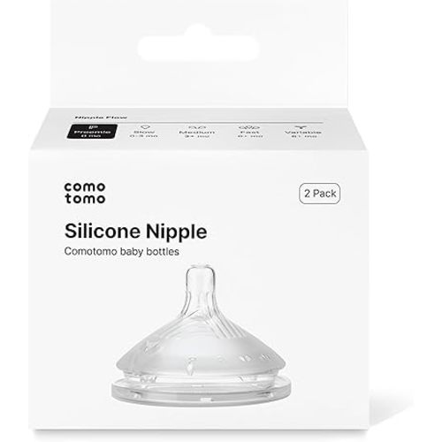 Comotomo Silicone Replacement Nipples for Baby Bottle Gen 2 (2026 Release) - Soft, Silicone Nipples with Dual Anti-Colic Vents Designed for Natural Latch (Pack of 2), Preemie Flow (0+ Months)