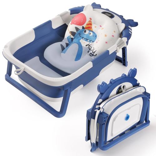 Baby Bathtub,Collapsible Baby Bath Tub with Thermometer & Soft Floating Cushion,Portable Travel Baby Bathtubs for Newborns to Toddlers 0-36 Months(Crab Blue)