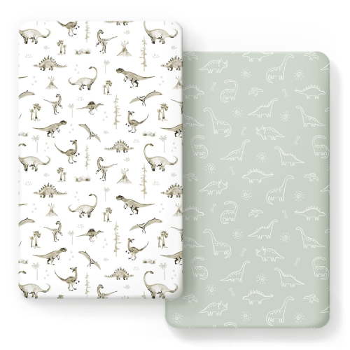 Stretch Jersey Knit Fitted Crib Sheets 2 Pack, Ultra Soft Breathable Baby Crib Mattress Cover, Secure Fit All Standard Cribs, Dinosaur Print