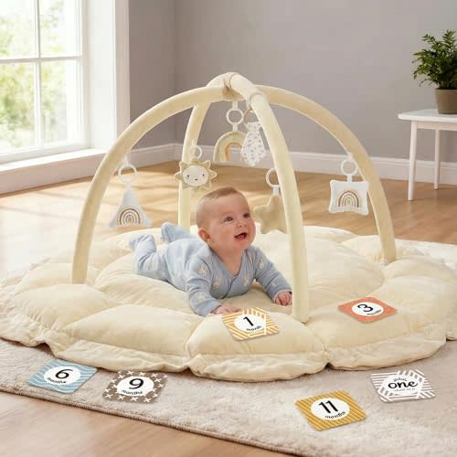 5-in-1 Thick & Plush Baby Play Gym, Baby Play Mats for Floor, Tummy Time Mat with 6 Toys, Convertible Stage-Based Developmental from Babies to Toddlers, Ball Pit, Cream
