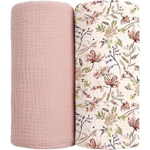 lulumoon Muslin Swaddle Blankets for Baby: Soft Cotton Newborn Receiving Blankets - Floral Print Nursery Gift Set for Baby Girls(Sand Flower)