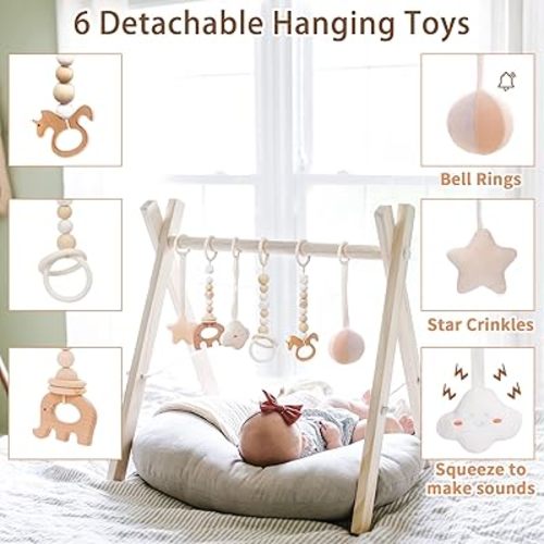 Wooden Baby Gym with 6 Gym Toys, Foldable Baby Play Gym, Natural Pine Wood Play Gym, Frame Activity Center Hanging Bar, Wooden Play Gym