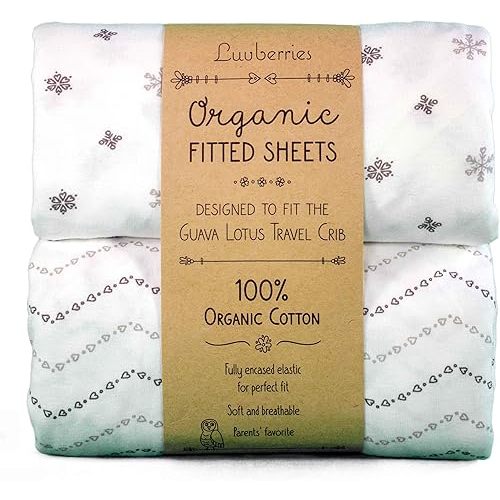 100% Organic Cotton Sheets for The Guava Lotus Travel Crib (Set of 2) - Baby and Toddler, Fitted Crib Sheets, for Boys & Girls (for The New 4 TAB Mattress ONLY) (Grey and White)