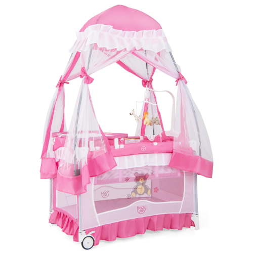 Costway Baby Playard Crib, 4-in-1 Bassinet with Changing Table, Canopy, Music Box, Pink