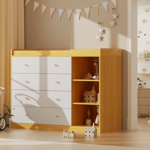 QUNTTINA Infant Changing Dresser, 5 Drawers Changing Table Dresser, Diaper Changing Station, Brown