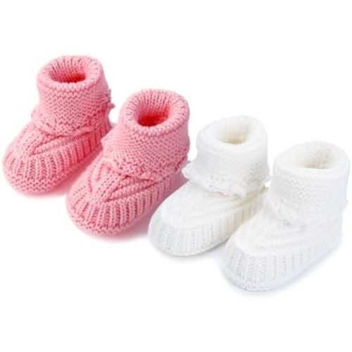 2 Pairs Baby Booties Newborn Baby Hand Crochet Knit Boots Infant Soft Cozy Warm Shoes for Toddler Girls Boys