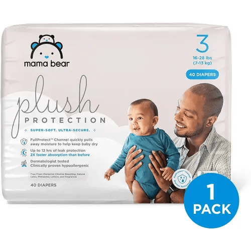 Amazon Brand - Mama Bear Plush Protection Diapers - Size 3, 40 Count, Hypoallergenic Premium Disposable Baby Diapers, White and Cloud Dreams