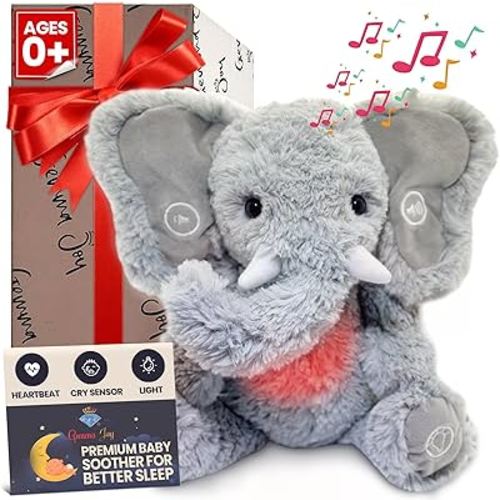 Gemma Joy Bedtime Baby Soothers for Sleep, Cry Activated Heartbeat Stuffed Animal for Baby, Newborn, Calming Light, Lullaby Music, White Noise, Shush and Mother’s Heartbeat - (Elephant, Rechargeable)