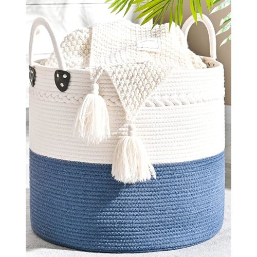 KAKAMAY Large Blanket Basket (18"x18"x16"),Woven Baby Laundry Hamper for Storage, Cotton Rope Blankets Baskets for Nursery, Laundry, Living Room, Pillows, Baby Toy chest with Handles (Navyblue)
