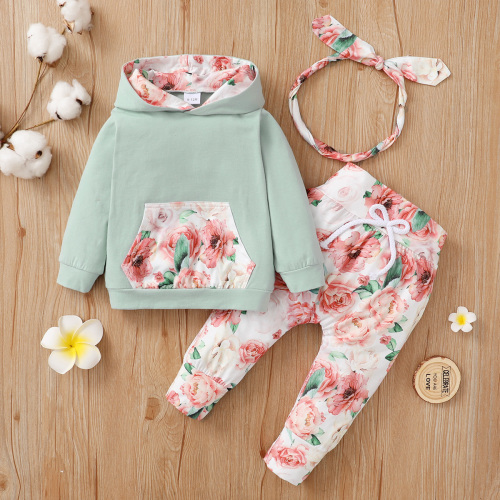 PatPat Newborn Infant Girl's Cute 3Pcs Outfit: Floral Hoodie, Pants and Headband Set, 0-3 Months