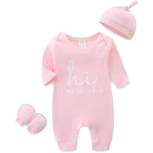 Unisex Newborn Baby Onesie Ribbed Romper Infant Long Sleeve Jumpsuit Hat and Gloves