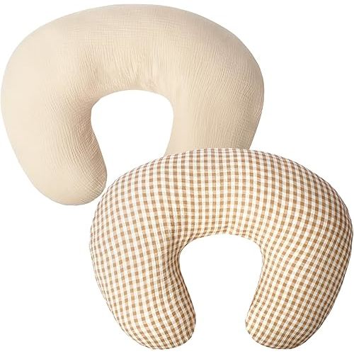 Muslin Nursing Pillow Cover Compatible with Boppy Nursing Pillow, Beige&Plaid