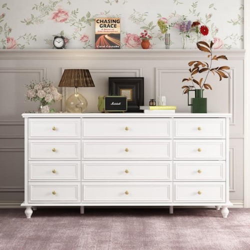 White Wooden 63 in. W 12-Drawer Chest of Drawers Modern European Style Storage Dresser