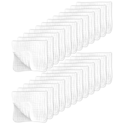 SWEET DOLPHIN 24 Pack Muslin Burp Cloths Large 100% Cotton Hand Washcloths for Baby - Baby Essentials Extra Absorbent and Soft Boys & Girls Milk Spit Up Rags for Newborn Registry - White, 20" X10"