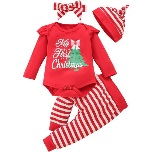 Newborn Baby Girl First Christmas Clothes Baby Elf Outfit Ruffle Pants for Infant Girl Xmas Clothing Set 0-18 Months